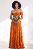 Off The Shoulder Fuchsia Floral Velvet A-Line Long Bridesmaid Dress