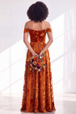 Off The Shoulder Fuchsia Floral Velvet A-Line Long Bridesmaid Dress