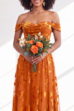 Off The Shoulder Fuchsia Floral Velvet A-Line Long Bridesmaid Dress