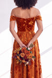 Off The Shoulder Fuchsia Floral Velvet A-Line Long Bridesmaid Dress