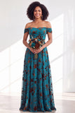 Off The Shoulder Fuchsia Floral Velvet A-Line Long Bridesmaid Dress