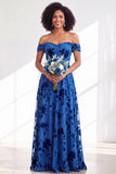 Off The Shoulder Fuchsia Floral Velvet A-Line Long Bridesmaid Dress