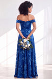 Off The Shoulder Fuchsia Floral Velvet A-Line Long Bridesmaid Dress