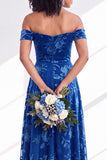 Off The Shoulder Fuchsia Floral Velvet A-Line Long Bridesmaid Dress