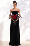 Dark Green A-Line Lace Up Back Velvet Spaghetti Straps Bridesmaid Dress