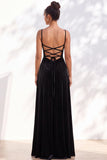Dark Green A-Line Lace Up Back Velvet Spaghetti Straps Bridesmaid Dress