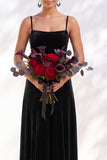 Dark Green A-Line Lace Up Back Velvet Spaghetti Straps Bridesmaid Dress