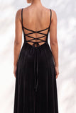 Dark Green A-Line Lace Up Back Velvet Spaghetti Straps Bridesmaid Dress