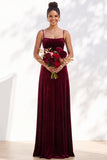 Dark Green A-Line Lace Up Back Velvet Spaghetti Straps Bridesmaid Dress