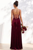 Dark Green A-Line Lace Up Back Velvet Spaghetti Straps Bridesmaid Dress