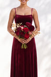 Dark Green A-Line Lace Up Back Velvet Spaghetti Straps Bridesmaid Dress