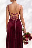 Dark Green A-Line Lace Up Back Velvet Spaghetti Straps Bridesmaid Dress