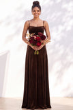 Dark Green A-Line Lace Up Back Velvet Spaghetti Straps Bridesmaid Dress
