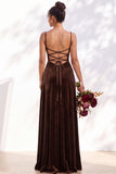 Dark Green A-Line Lace Up Back Velvet Spaghetti Straps Bridesmaid Dress