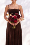 Dark Green A-Line Lace Up Back Velvet Spaghetti Straps Bridesmaid Dress