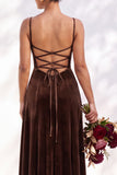 Dark Green A-Line Lace Up Back Velvet Spaghetti Straps Bridesmaid Dress