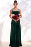 Dark Green A-Line Lace Up Back Velvet Spaghetti Straps Bridesmaid Dress
