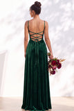 Dark Green A-Line Lace Up Back Velvet Spaghetti Straps Bridesmaid Dress