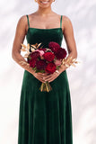 Dark Green A-Line Lace Up Back Velvet Spaghetti Straps Bridesmaid Dress