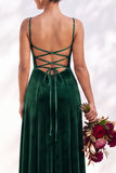 Dark Green A-Line Lace Up Back Velvet Spaghetti Straps Bridesmaid Dress