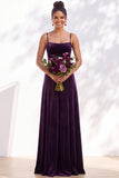 Dark Green A-Line Lace Up Back Velvet Spaghetti Straps Bridesmaid Dress