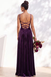 Dark Green A-Line Lace Up Back Velvet Spaghetti Straps Bridesmaid Dress