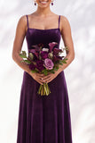 Dark Green A-Line Lace Up Back Velvet Spaghetti Straps Bridesmaid Dress