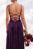 Dark Green A-Line Lace Up Back Velvet Spaghetti Straps Bridesmaid Dress