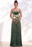 Dark Green A-Line Lace Up Back Velvet Spaghetti Straps Bridesmaid Dress