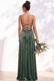 Dark Green A-Line Lace Up Back Velvet Spaghetti Straps Bridesmaid Dress