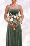 Dark Green A-Line Lace Up Back Velvet Spaghetti Straps Bridesmaid Dress