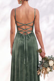 Dark Green A-Line Lace Up Back Velvet Spaghetti Straps Bridesmaid Dress