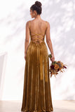 Dark Green A-Line Lace Up Back Velvet Spaghetti Straps Bridesmaid Dress