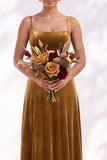 Dark Green A-Line Lace Up Back Velvet Spaghetti Straps Bridesmaid Dress