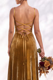 Dark Green A-Line Lace Up Back Velvet Spaghetti Straps Bridesmaid Dress
