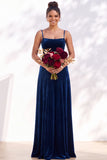 Dark Green A-Line Lace Up Back Velvet Spaghetti Straps Bridesmaid Dress
