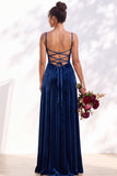 Dark Green A-Line Lace Up Back Velvet Spaghetti Straps Bridesmaid Dress