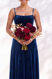 Dark Green A-Line Lace Up Back Velvet Spaghetti Straps Bridesmaid Dress