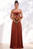Dark Green A-Line Lace Up Back Velvet Spaghetti Straps Bridesmaid Dress