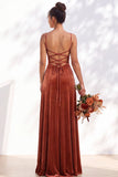Dark Green A-Line Lace Up Back Velvet Spaghetti Straps Bridesmaid Dress
