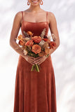 Dark Green A-Line Lace Up Back Velvet Spaghetti Straps Bridesmaid Dress