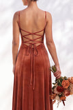 Dark Green A-Line Lace Up Back Velvet Spaghetti Straps Bridesmaid Dress