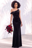 Burgundy One Shoulder Velvet Mermaid Ruched Long Bridesmaid Dress