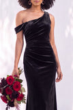 Burgundy One Shoulder Velvet Mermaid Ruched Long Bridesmaid Dress