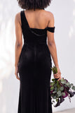 Burgundy One Shoulder Velvet Mermaid Ruched Long Bridesmaid Dress