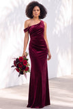 Burgundy One Shoulder Velvet Mermaid Ruched Long Bridesmaid Dress