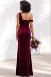 Burgundy One Shoulder Velvet Mermaid Ruched Long Bridesmaid Dress