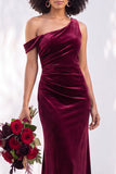 Burgundy One Shoulder Velvet Mermaid Ruched Long Bridesmaid Dress