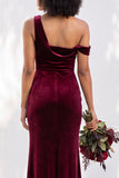 Burgundy One Shoulder Velvet Mermaid Ruched Long Bridesmaid Dress