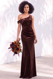 Burgundy One Shoulder Velvet Mermaid Ruched Long Bridesmaid Dress